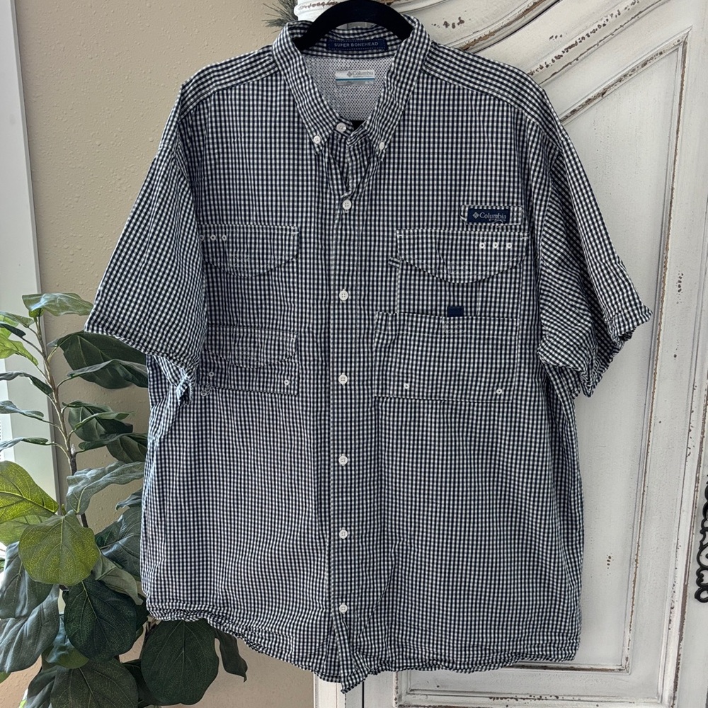 Columbia PFG Shirt Super Bonehead Fishing Top Vented XL Navy Blue White Check